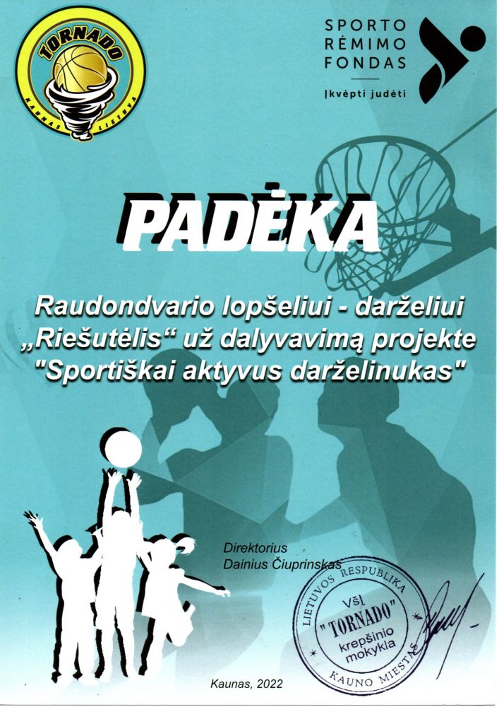 Padėka už dalyvavimą projekte ,,Sportiškai aktyvus darželinukas,,
